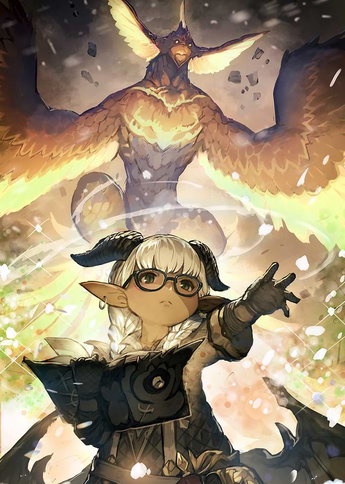 Fantasy Character with Bird-like Guardian