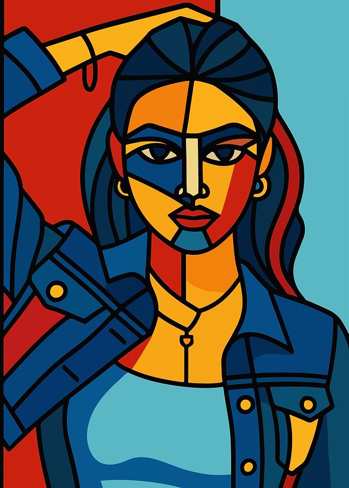 Picasso Style Cubist Woman in Denim Jacket