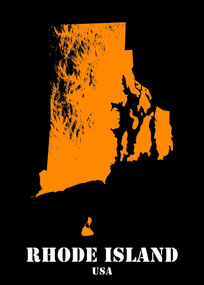 Rhode Island USA State Minimalist Black Orange Topographic Contour Map featuring terrain in orange color