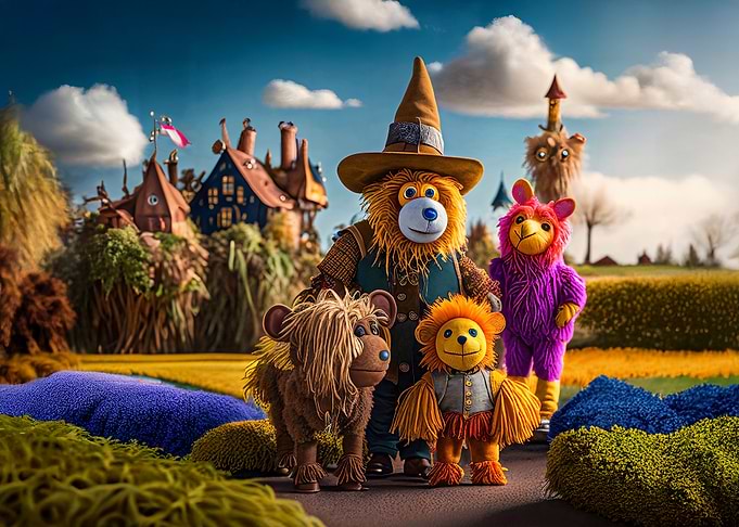 Whimsical Stuffed Animals in Fantasy Landscape