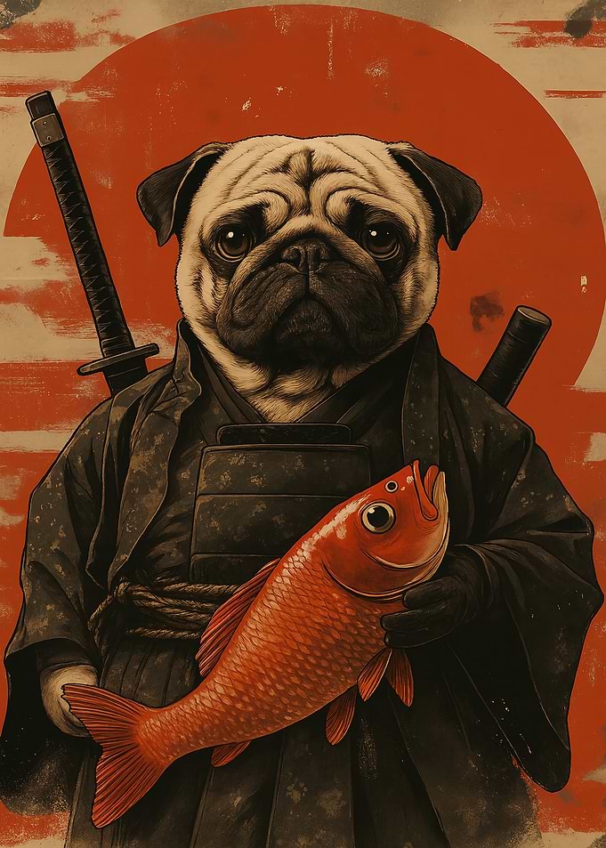 Pug Samurai with Fish