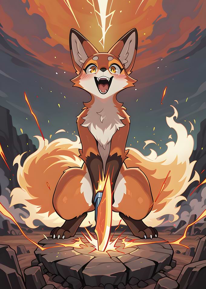 Cartoon Fox with Flaming Sword