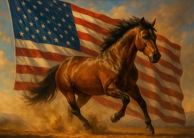 American Horse Galloping with Flag