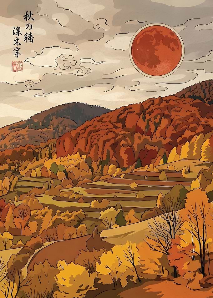 Autumn Landscape with Red Moon