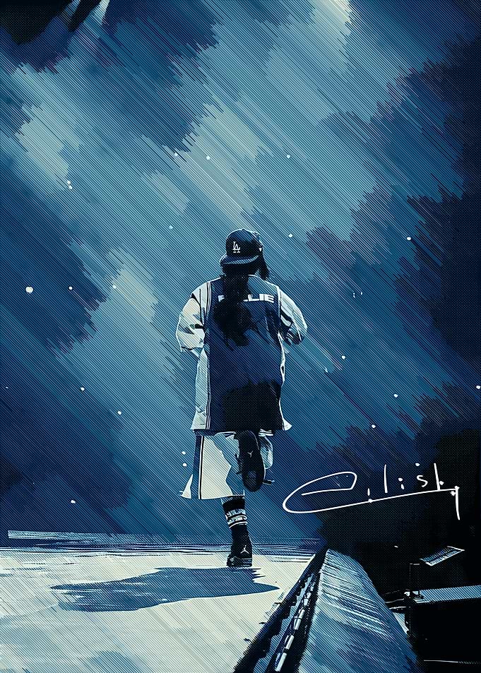 Billie Eilish Running in Blue