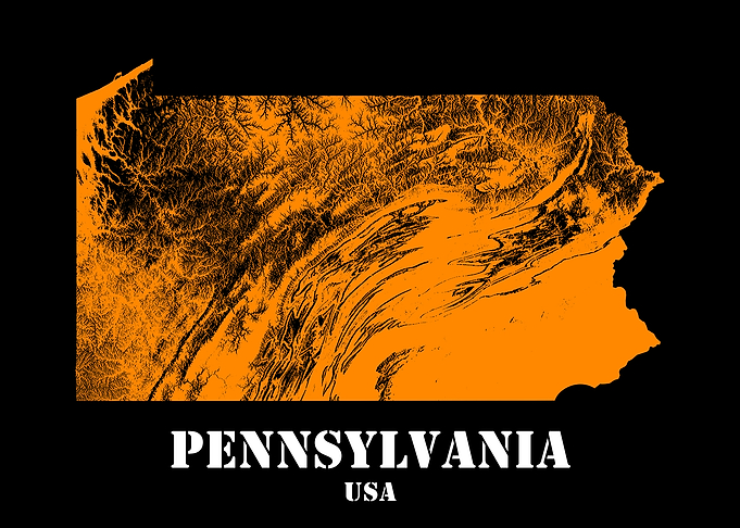 Pennsylvania USA State Minimalist Black Orange Topographic Contour Map featuring terrain in orange color