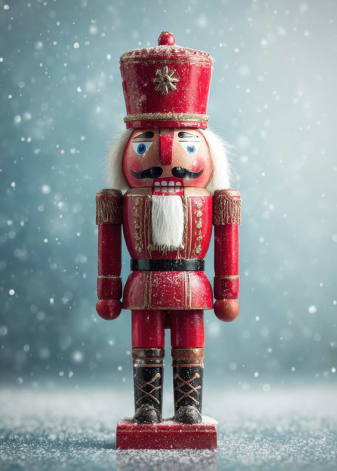 Red Nutcracker in Winter Snowfall