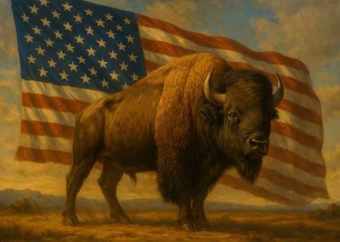 American Bison with US Flag Backdrop