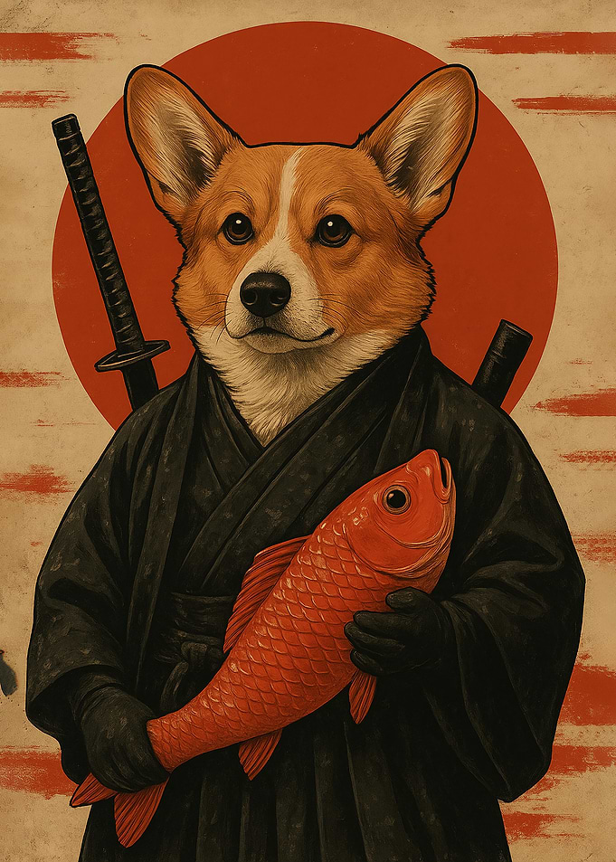 Corgi Samurai with Fish