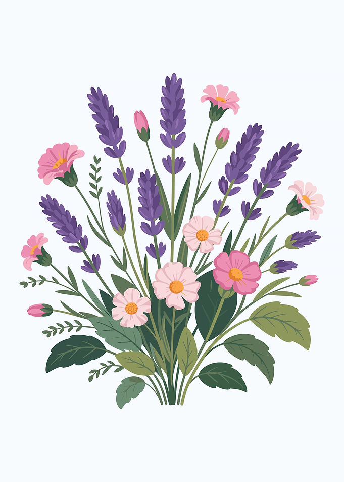Floral Bouquet with Lavender and Daisies - pink roses purple flowers cute colorful blossoms