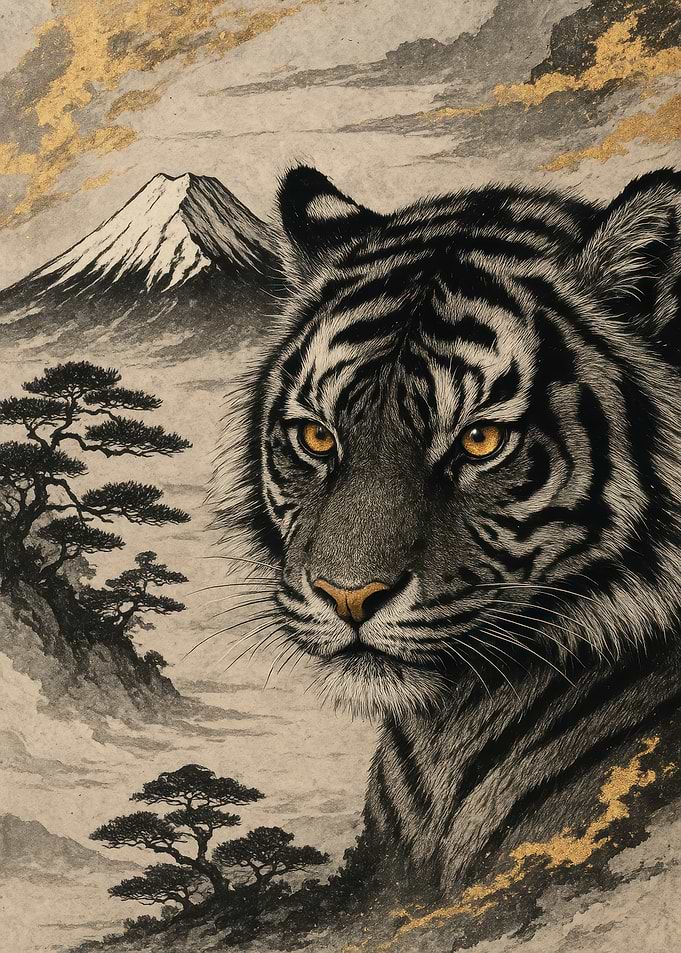 Tiger and Mountain Landscape Art