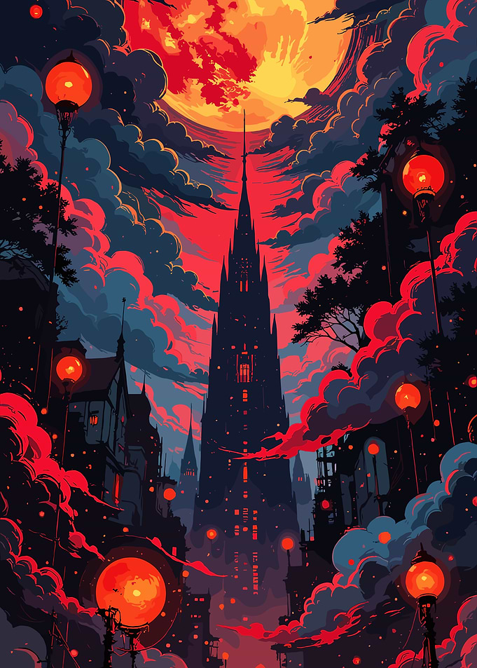 Gothic Cityscape with Red Moon