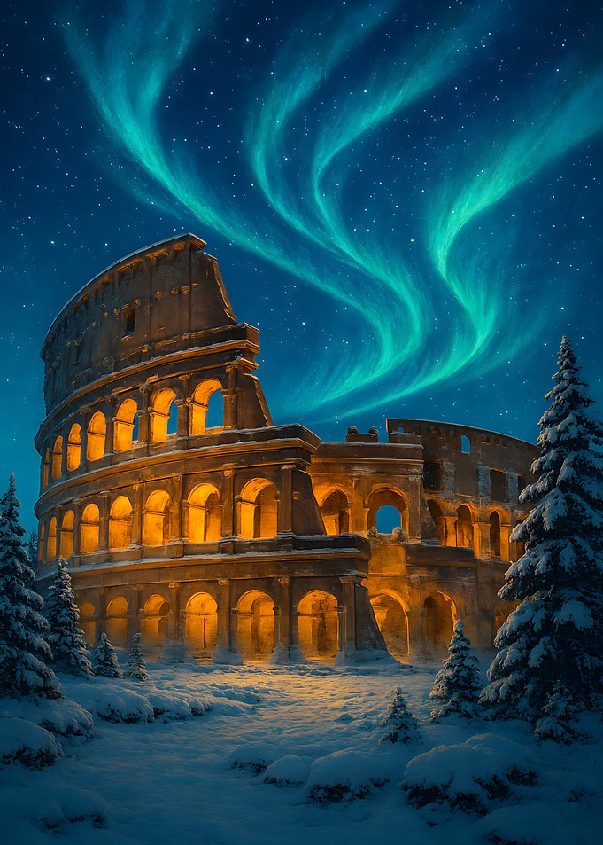 Colosseum under Aurora Borealis in Winter