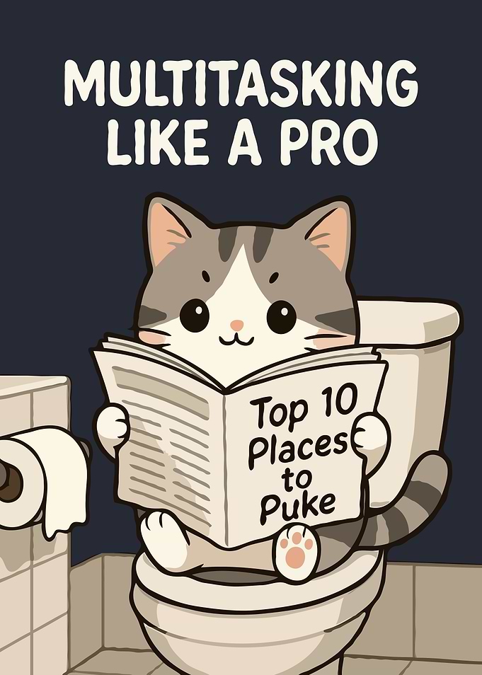 Multitasking Cat Cartoon Funny Art