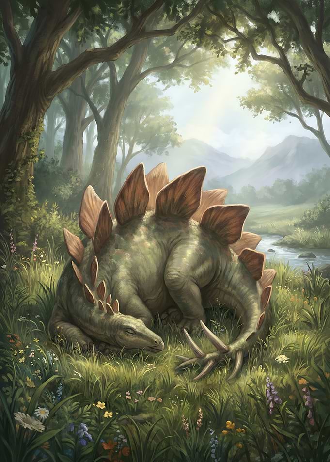 Resting Stegosaurus in a Forest Meadow