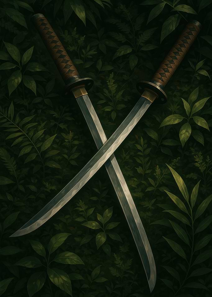 Crossed Katanas in Lush Greenery