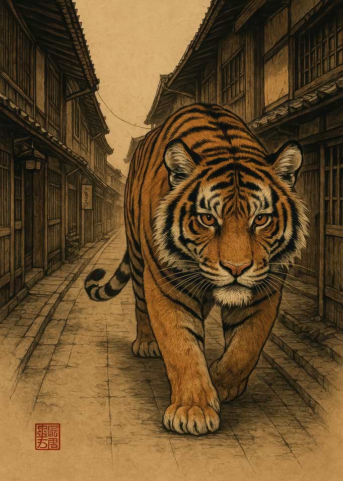 Tiger in Japanese Town