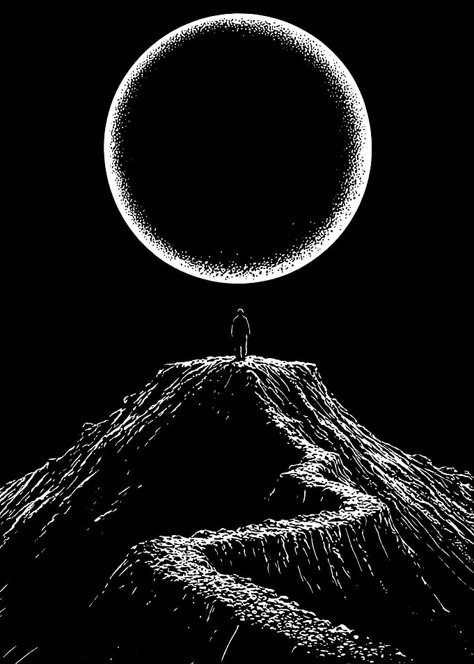 Monochrome Mountain Peak Under a Moon