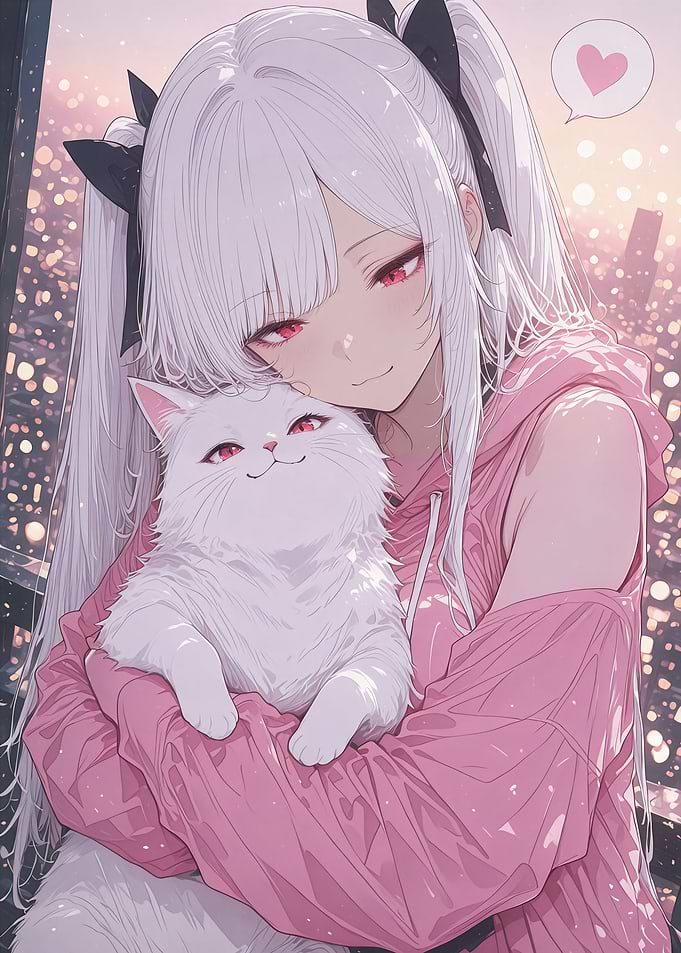 Anime Girl Hugging White Cat