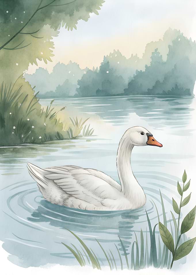 Watercolor Swan on Lake