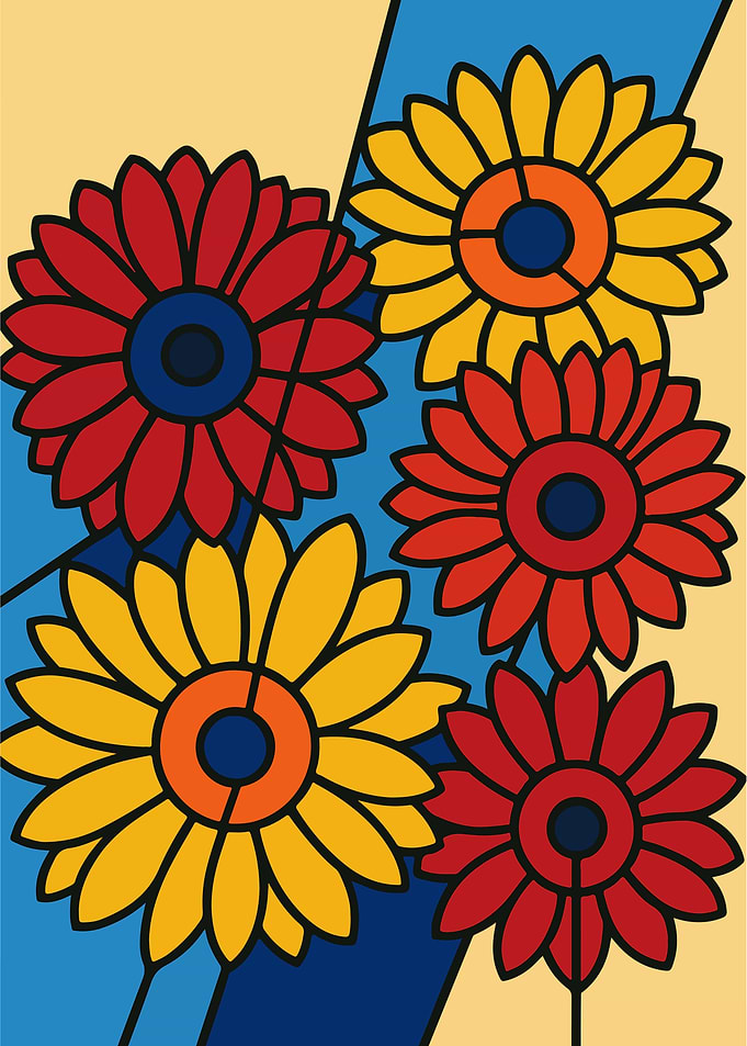 Picasso Style Cubist Abstract Red and Yellow Flowers