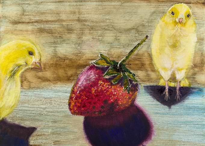 Canary Birds and Strawberry Still Life Painting