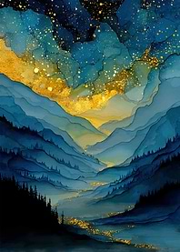 Abstract Blue and Gold Mountain Landscape