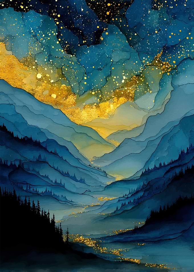Abstract Blue and Gold Mountain Landscape