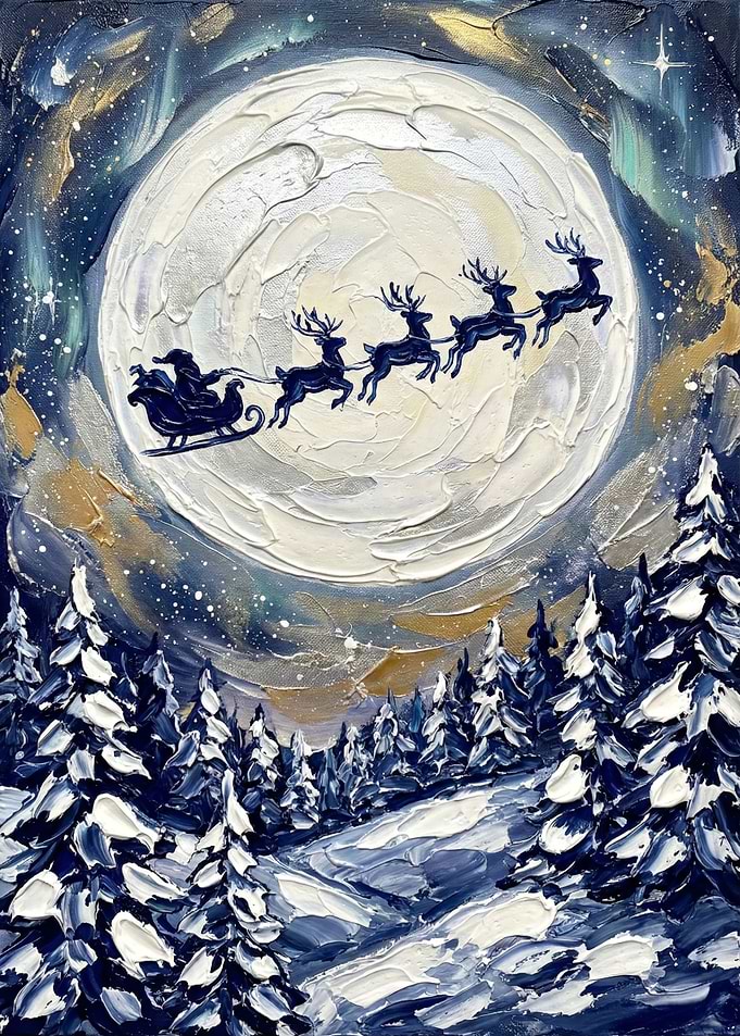 Santa's Sleigh Over Snowy Forest Painting