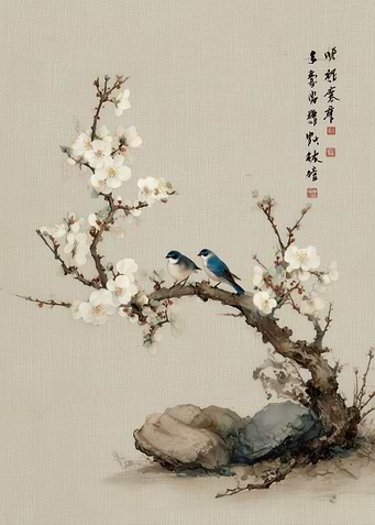 Birds on Blossoming Branch Painting