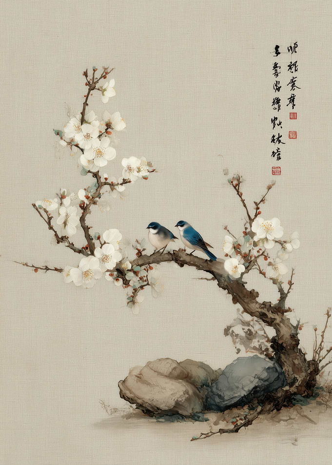 Birds on Blossoming Branch Painting