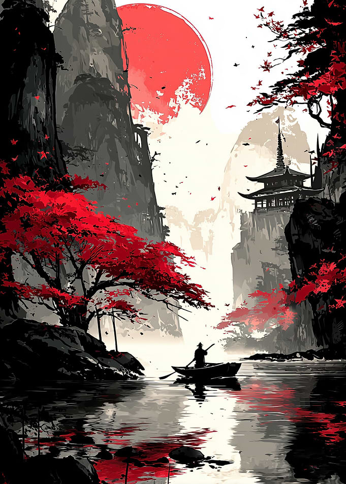 Japanese Landscape with Red Sun and Boat