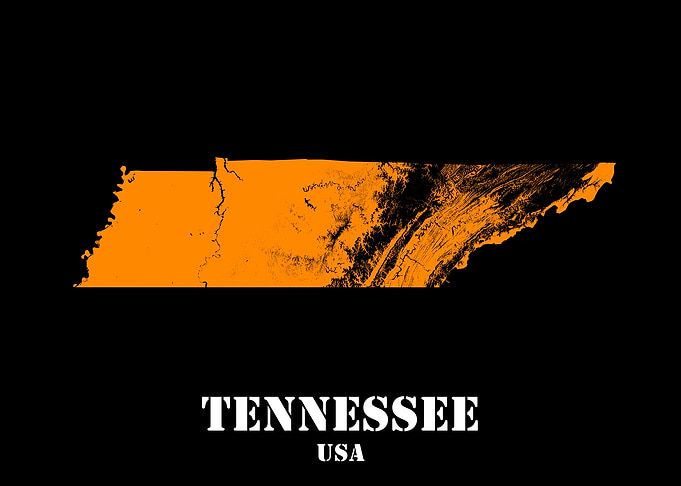 Tennessee USA State Minimalist Black Orange Topographic Contour Relief Map featuring terrain in orange color