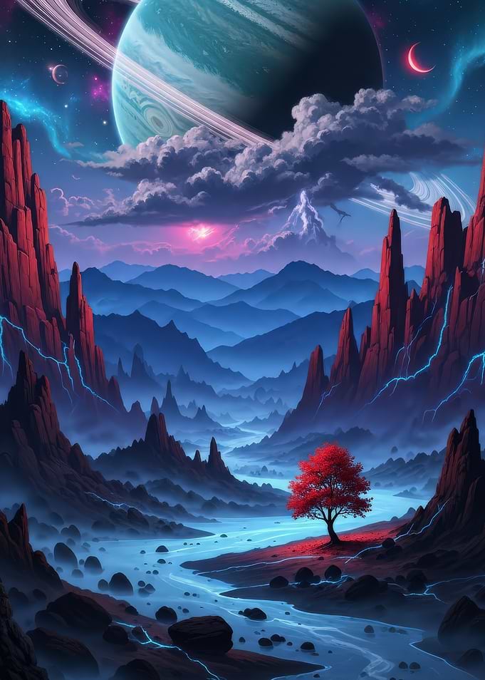 Surreal Landscape with Red Tree