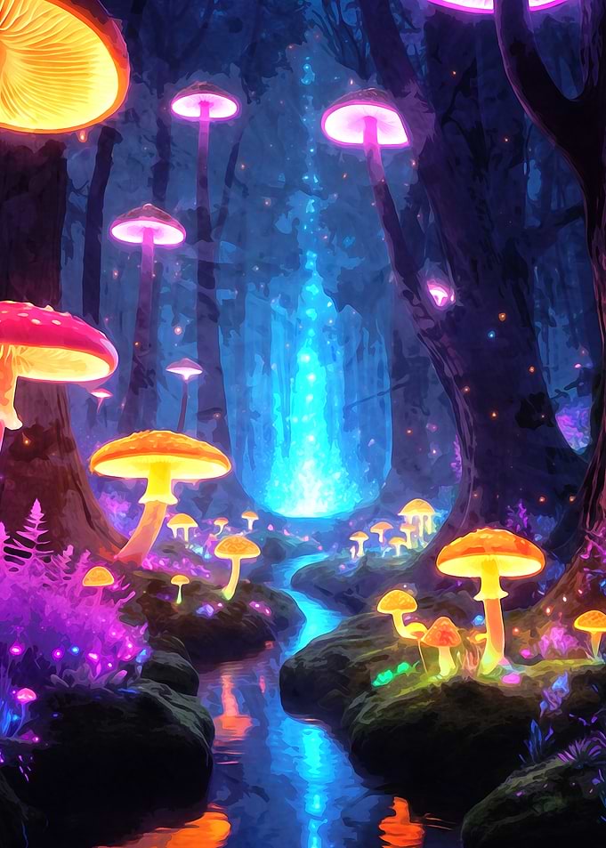 A glowing giant mushrooms forest with vibrant neon plants