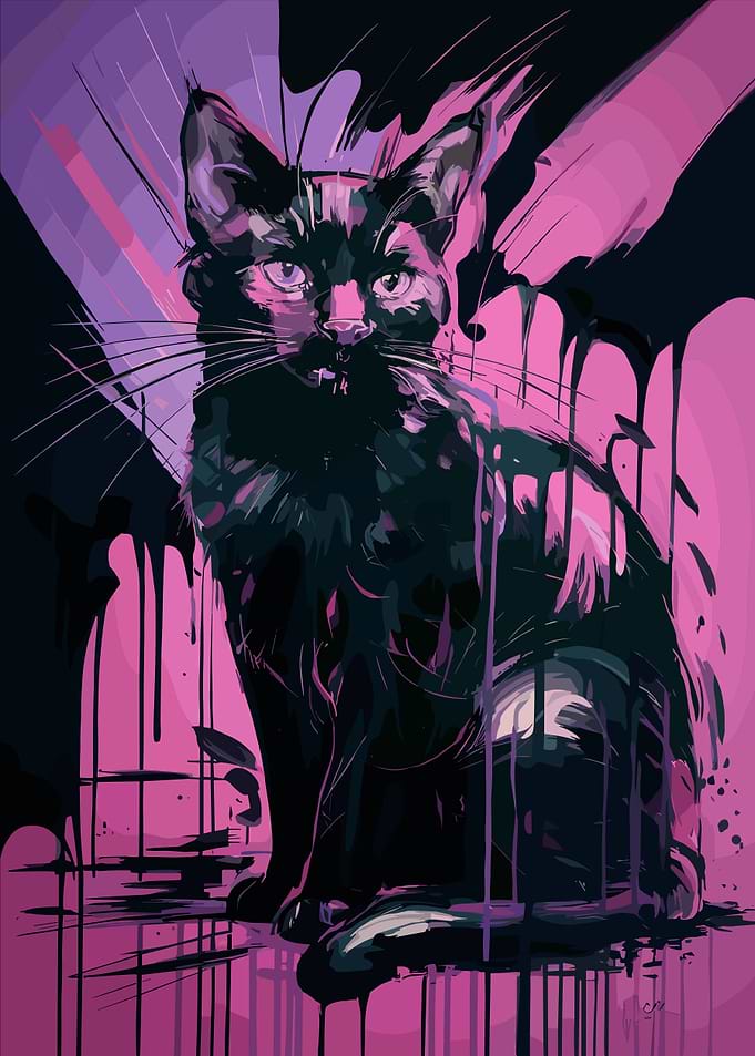 Abstract Black Cat With Pink And Purples Art