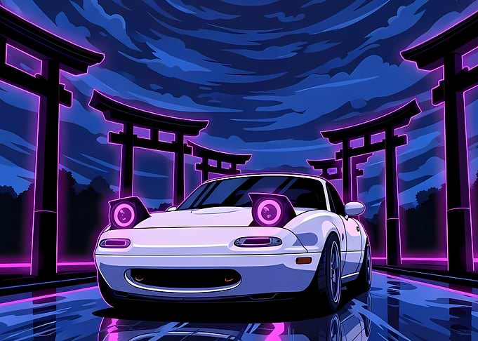 White Car with Neon Torii Gates