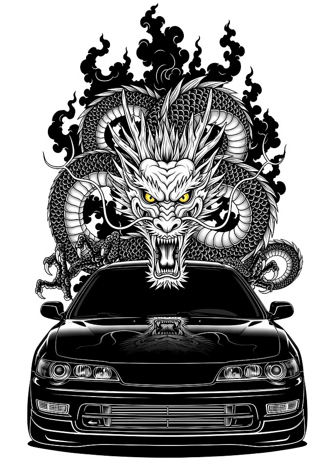 Black Car with Dragon Illustration