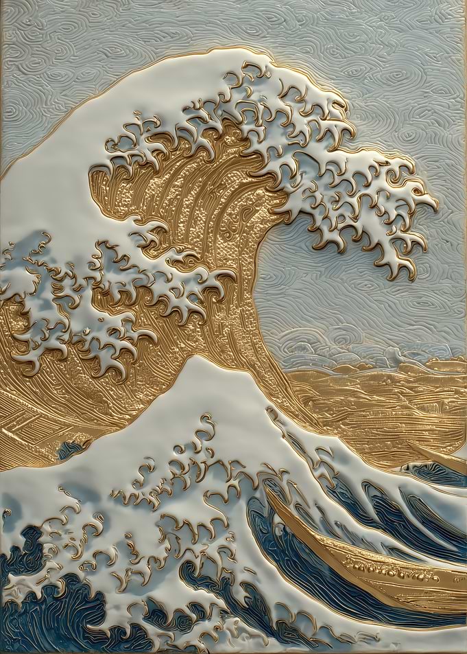 Golden Kanagawa Wave Embossed Art