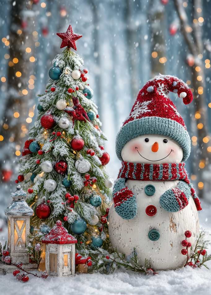 Snowman and Christmas Tree in Winter