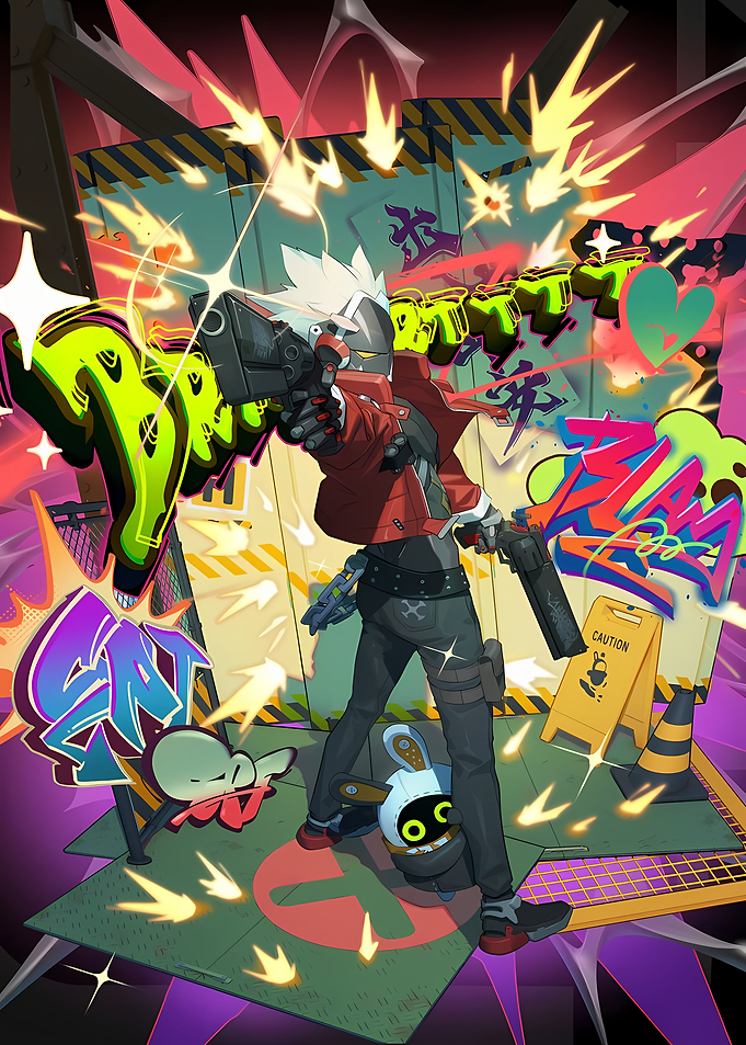 Zenless Zone Zero Character with Guns and Graffiti