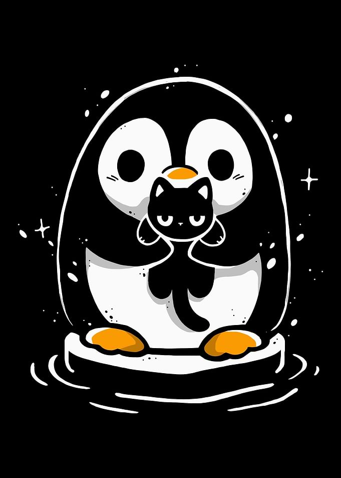 Penguin and Cat Cartoon Illustration