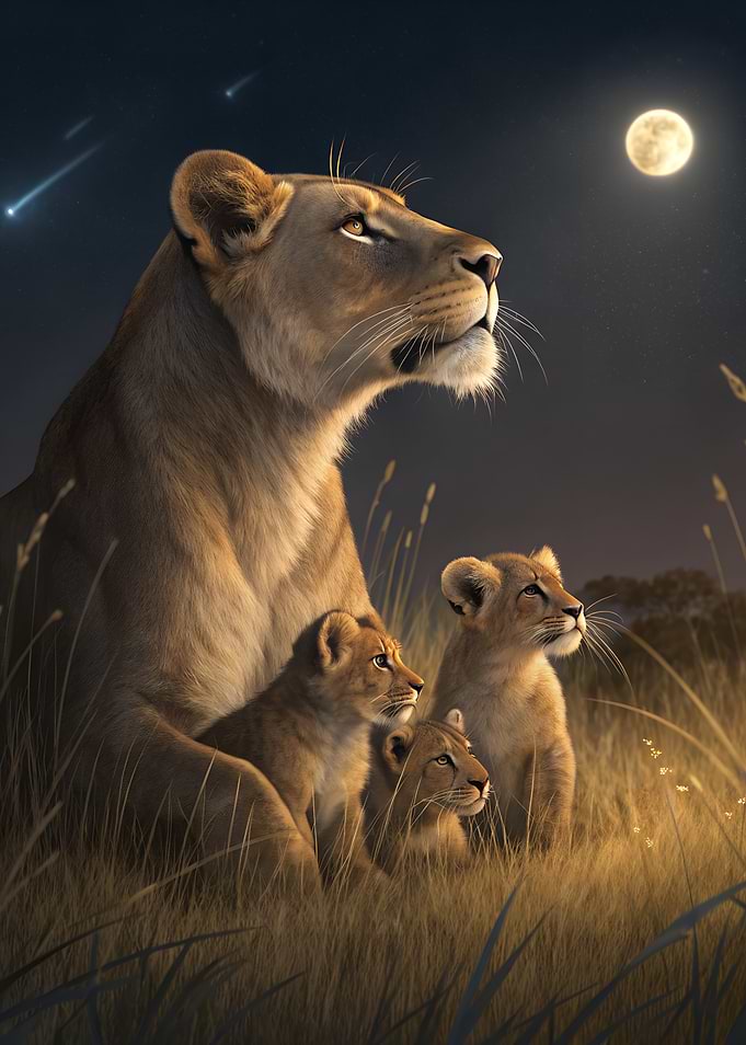 Lioness and Cubs Under Moonlight