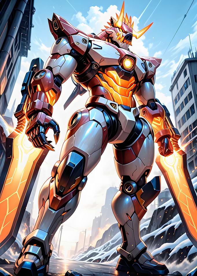 Futuristic Robot Warrior in Urban Setting