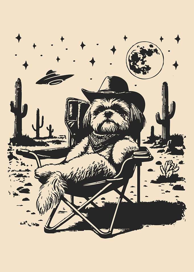 Dog Cowboy in Desert with UFO