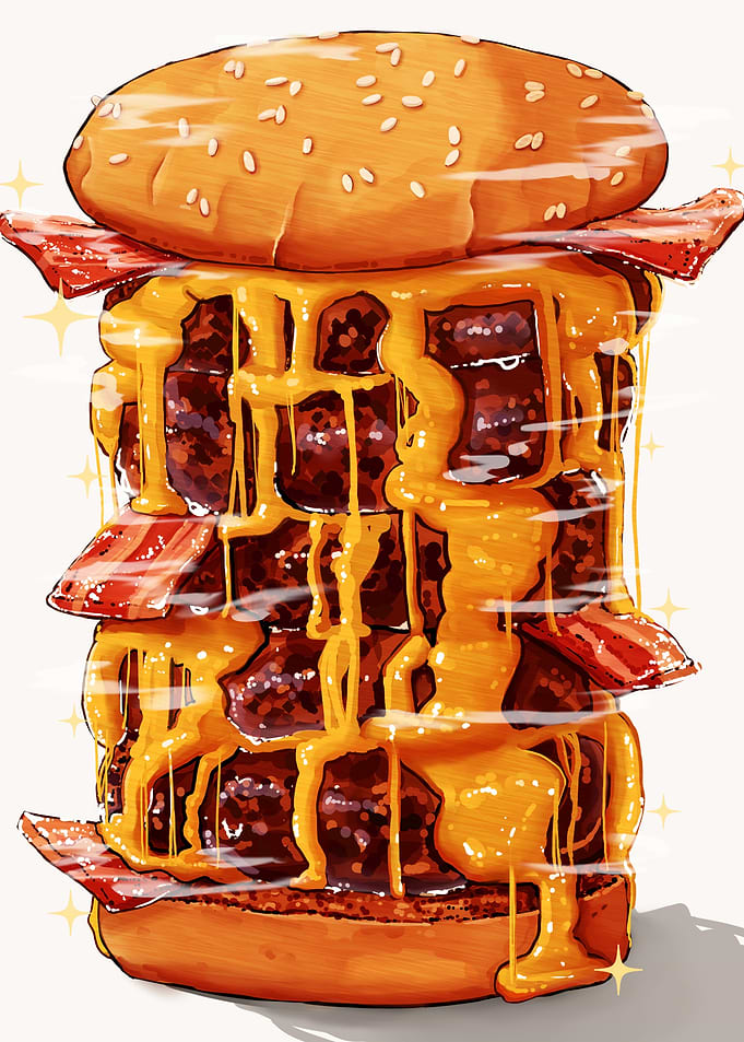 Towering Bacon Cheeseburger Illustration