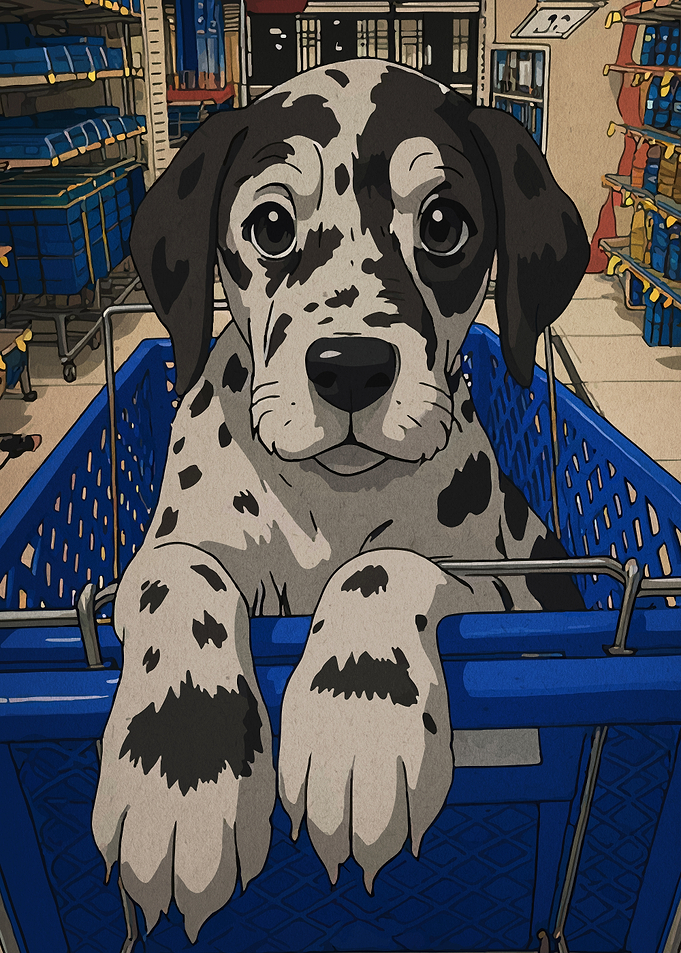 Dalmatian puppy in shopping cart