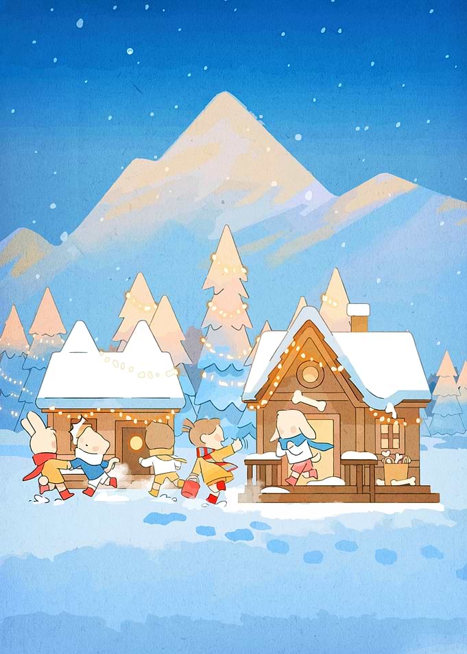 Winter Village Cartoon Illustration