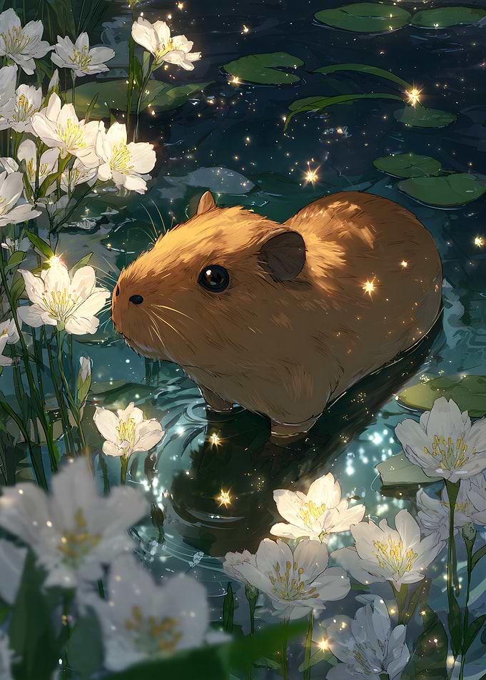 Capybara in Water Lily Pond