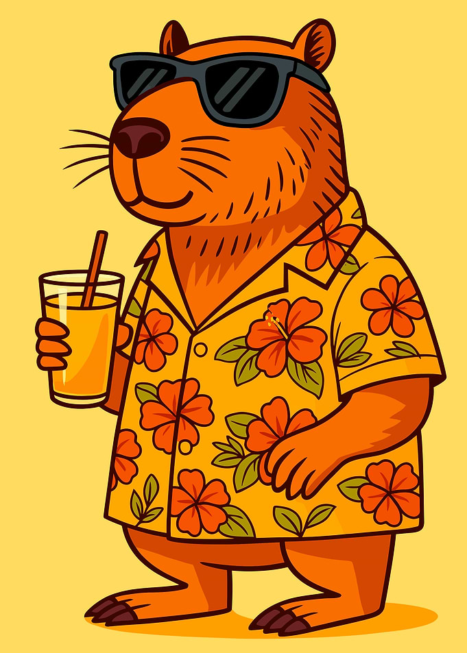 Capybara in Hawaiian Shirt with Drink